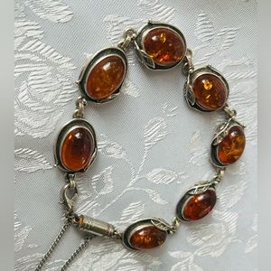 Vntg Whitney Kelly Sterling Silver Bracelet w/Natural Baltic Amber Gemstones 20g